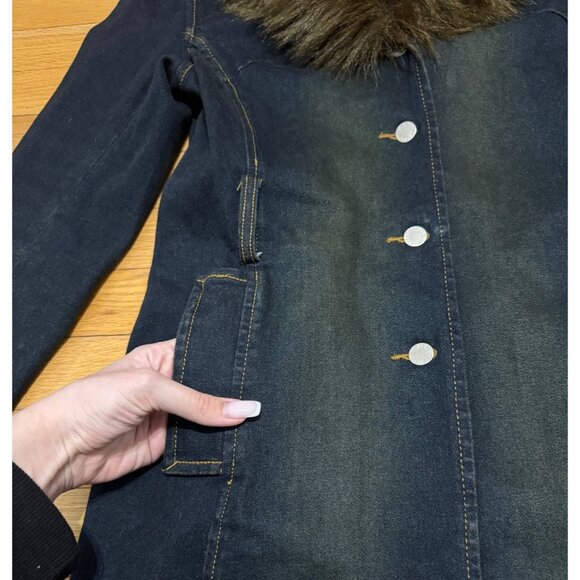 MIXIT Women’s Denim Long Coat Size 6 Faux Fur Collar Vintage Y2K Stretch - Picture 4 of 10